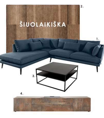 7 koliažai svetainei: sofa, kilimas, kavos staliukas ir TV spintelė