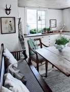 Chairs and bench next to a table