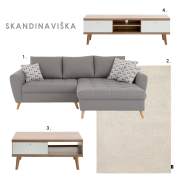 7 koliažai svetainei: sofa, kilimas, kavos staliukas ir TV spintelė