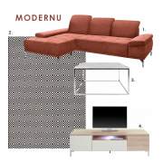 7 koliažai svetainei: sofa, kilimas, kavos staliukas ir TV spintelė
