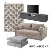 7 koliažai svetainei: sofa, kilimas, kavos staliukas ir TV spintelė