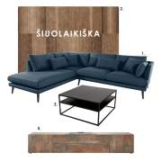 7 koliažai svetainei: sofa, kilimas, kavos staliukas ir TV spintelė