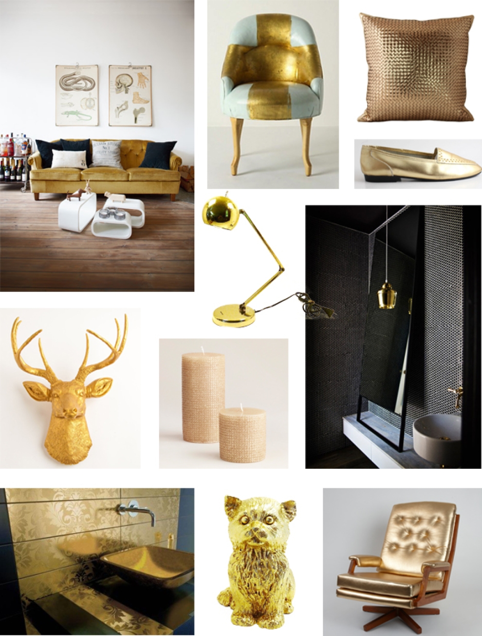 Auksinė spalva interjere, mood board