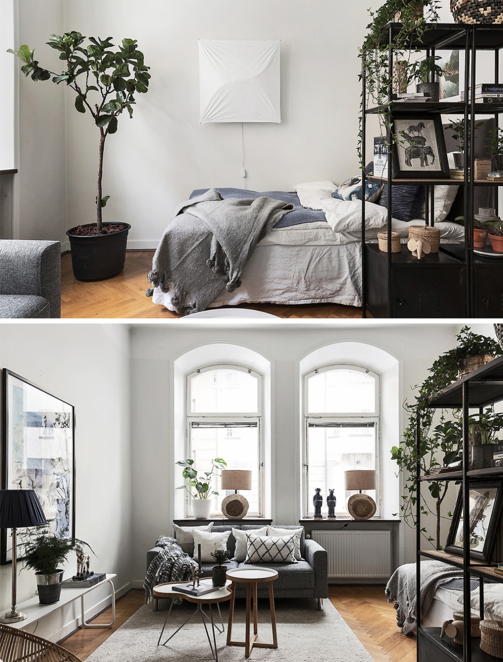 bed behind shelf