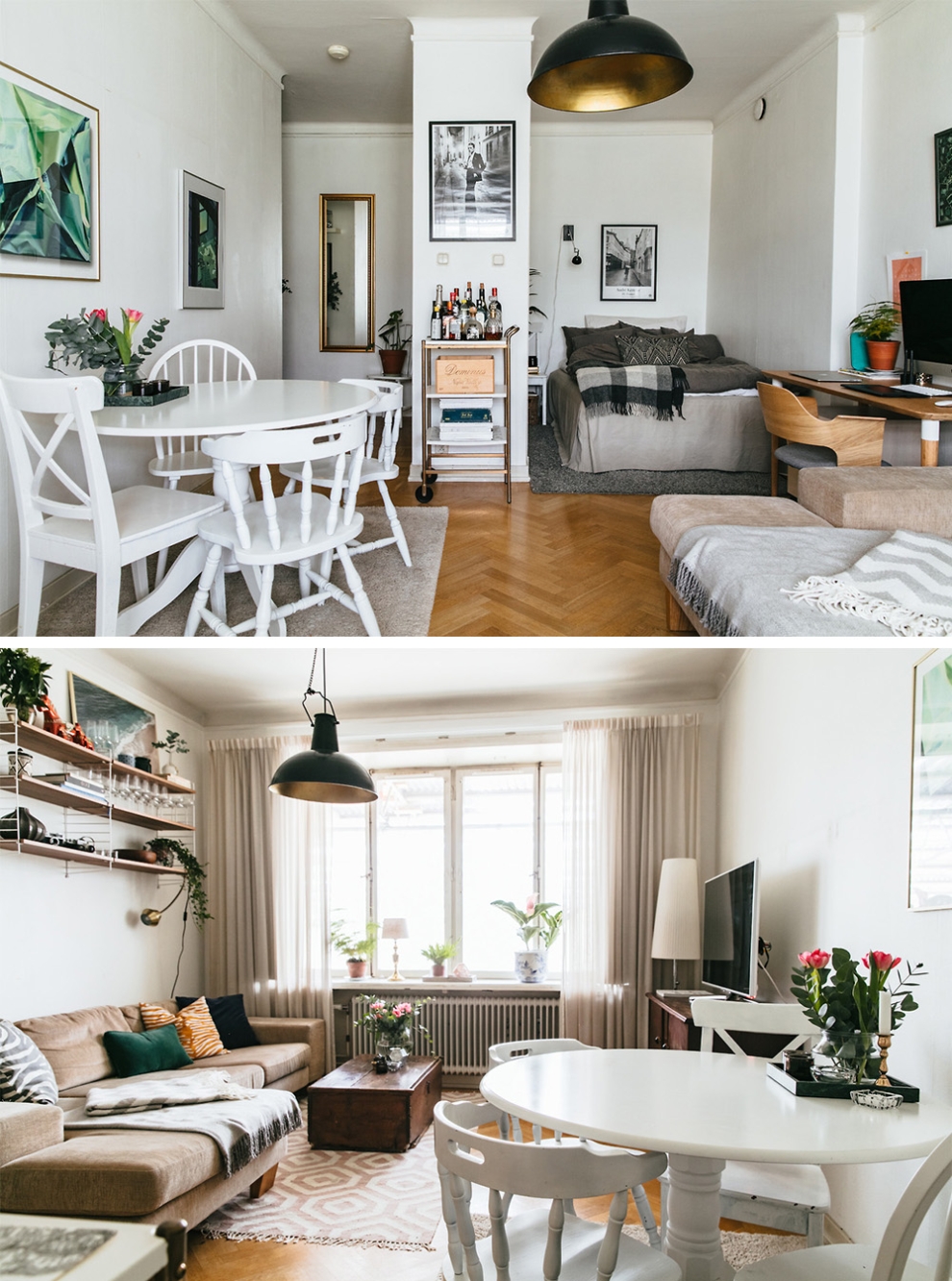 bedroom, living room and dining room in one