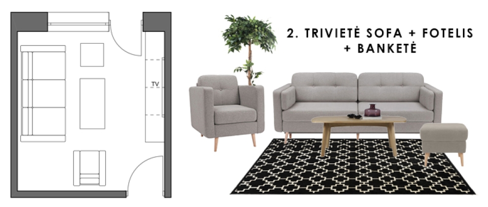 triviete sofa, fotelis ir bankete