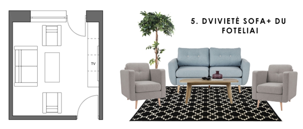 dviviete sofa ir foteliai